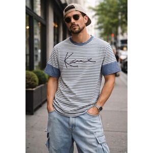 Karl Kani Y2K Striped Logo T Shirt Mens M Blue Cream Cotton Streetwear Graphic